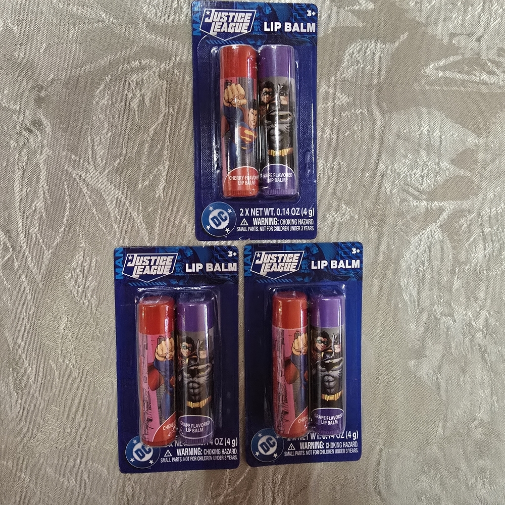 3 Pack Justice League Lip Balm Cherry-Grape Superman Batman DC Kidscore Makeup